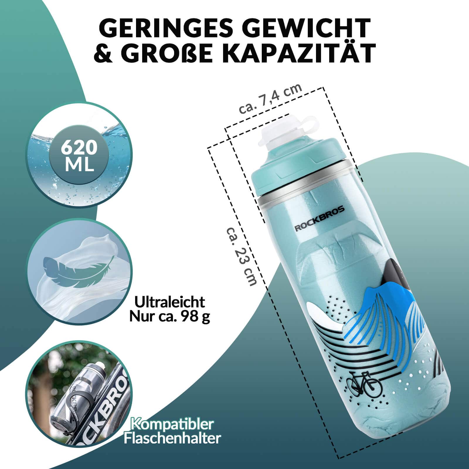 ROCKBROS Fahrradflasche 620 ml Sportflasche mit 5 Stunden Kühlhaltefunktion