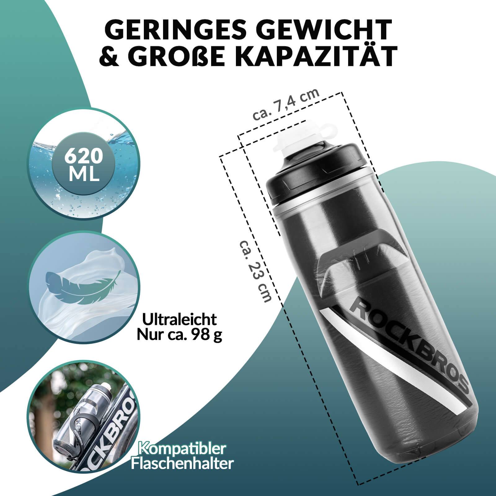 ROCKBROS Fahrradflasche 620 ml Sportflasche mit 5 Stunden Kühlhaltefunktion