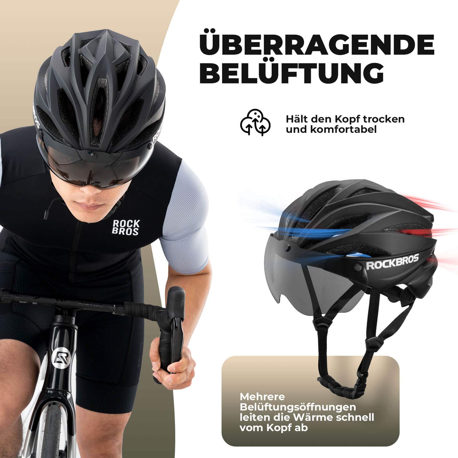 ROCKBROS Fahrradhelm Magnetischer Abnehmbarer MTB Helm mit Visier