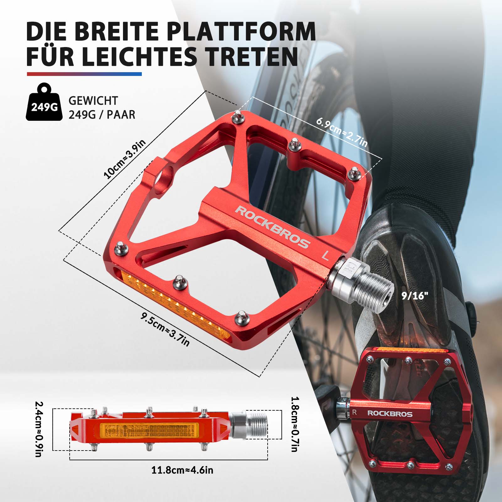 ROCKBROS Fahrradpedale mit Reflektoren aus Aluminiumlegierung 9/16 Zoll