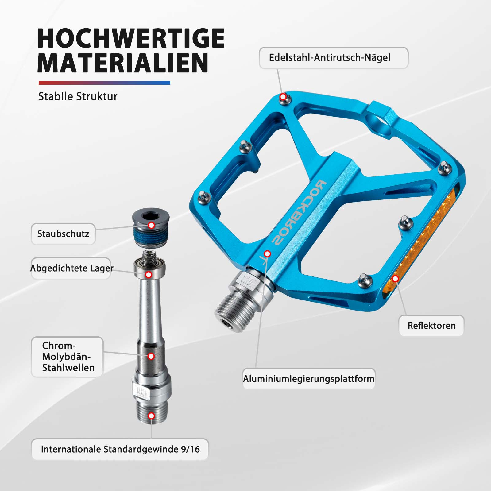 ROCKBROS Fahrradpedale mit Reflektoren aus Aluminiumlegierung 9/16 Zoll