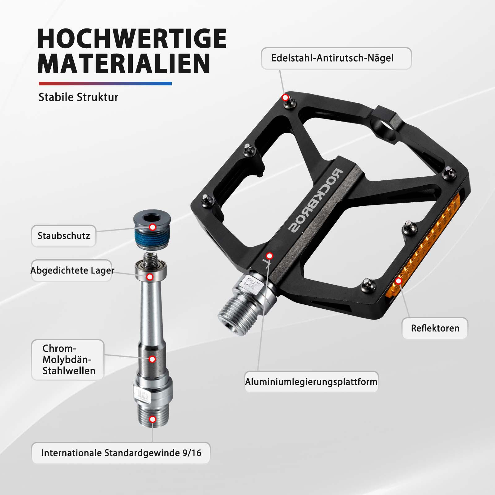 ROCKBROS Fahrradpedale mit Reflektoren aus Aluminiumlegierung 9/16 Zoll