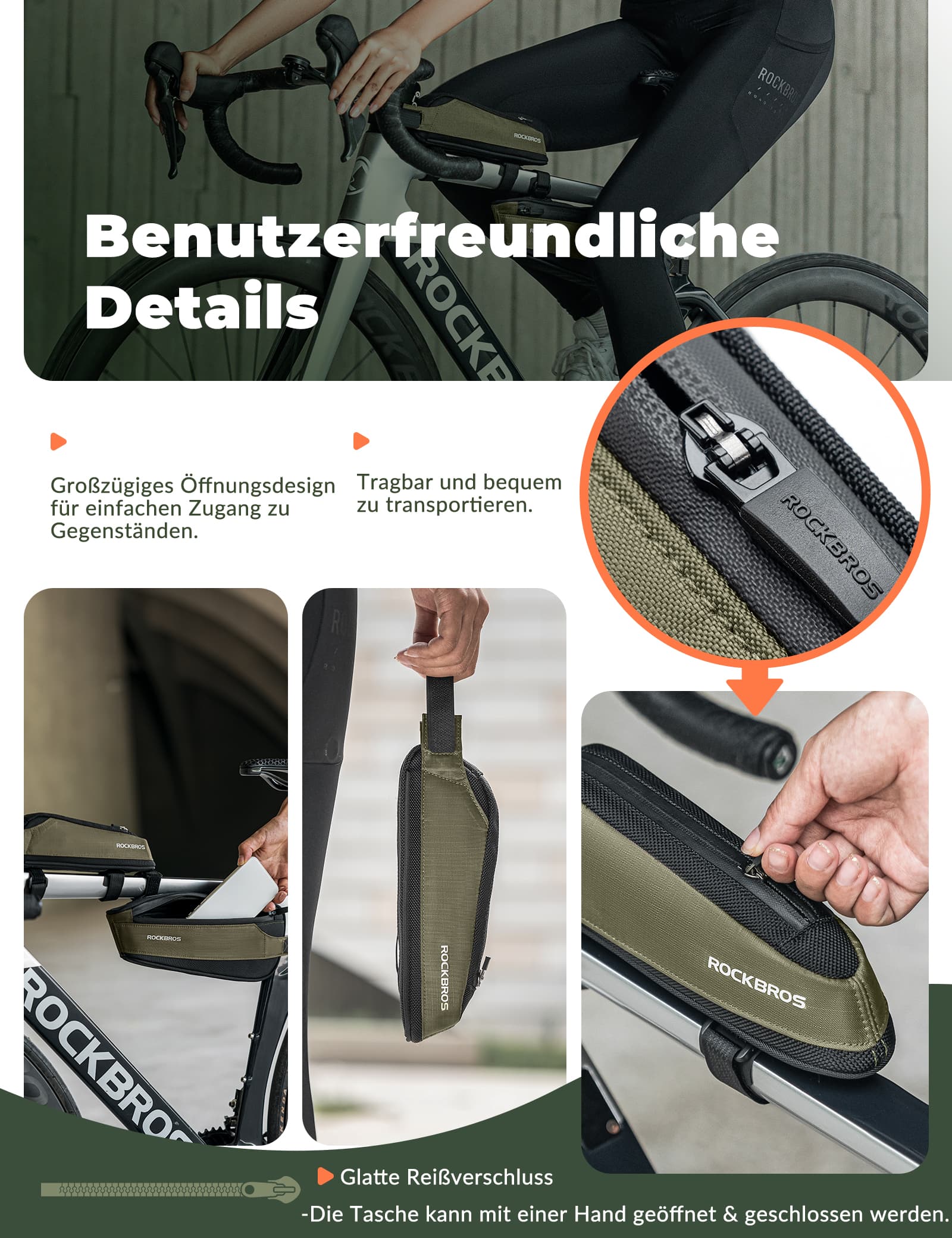 Fahrradtasche Reflektierende Oberrohrtasche Dunkelgrün 0.65L