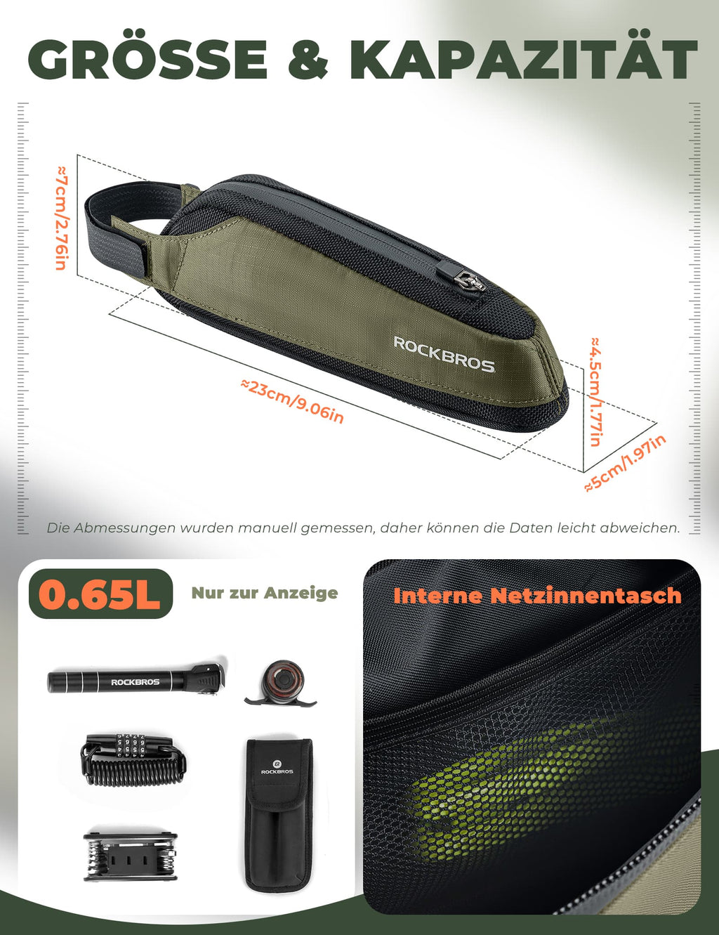 Fahrradtasche Reflektierende Oberrohrtasche Dunkelgrün 0.65L