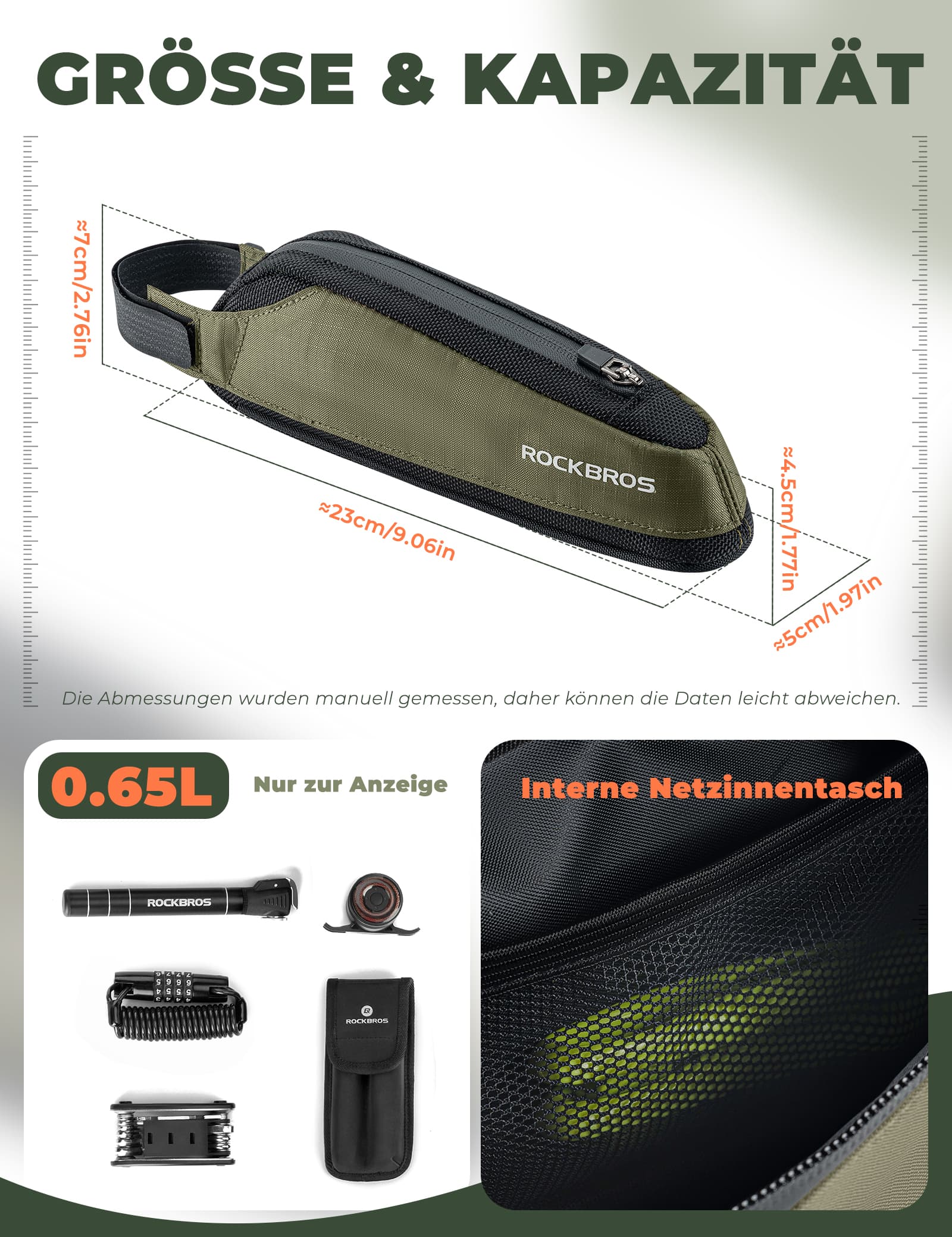 Fahrradtasche Reflektierende Oberrohrtasche Dunkelgrün 0.65L