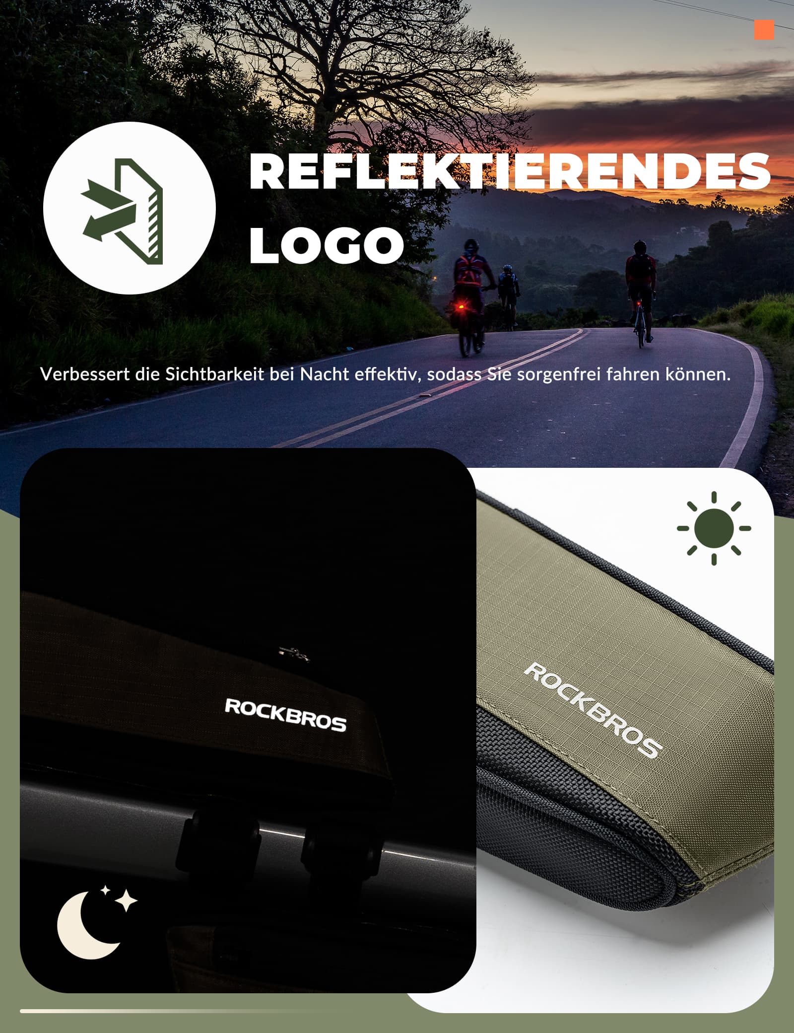 Fahrradtasche Reflektierende Oberrohrtasche Dunkelgrün 0.65L