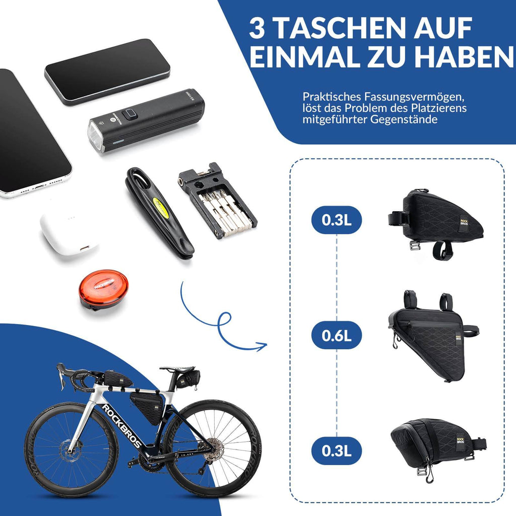 ROCKBROS Fahrradtasche Set Rahmentasche*2+Satteltasche*1 mit Verstellbarer Schultergurt 1,2L