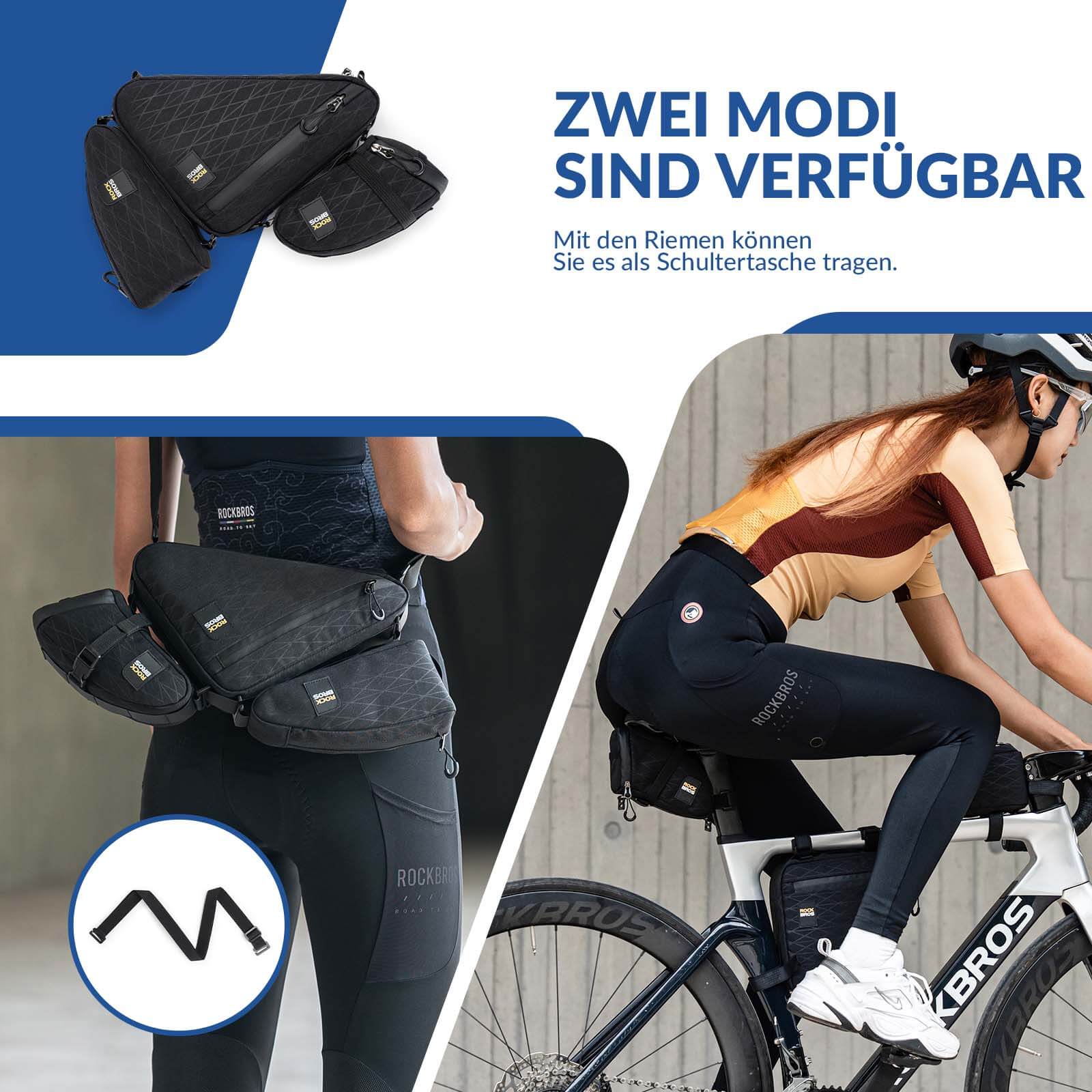 ROCKBROS Fahrradtasche Set Rahmentasche*2+Satteltasche*1 mit Verstellbarer Schultergurt 1,2L