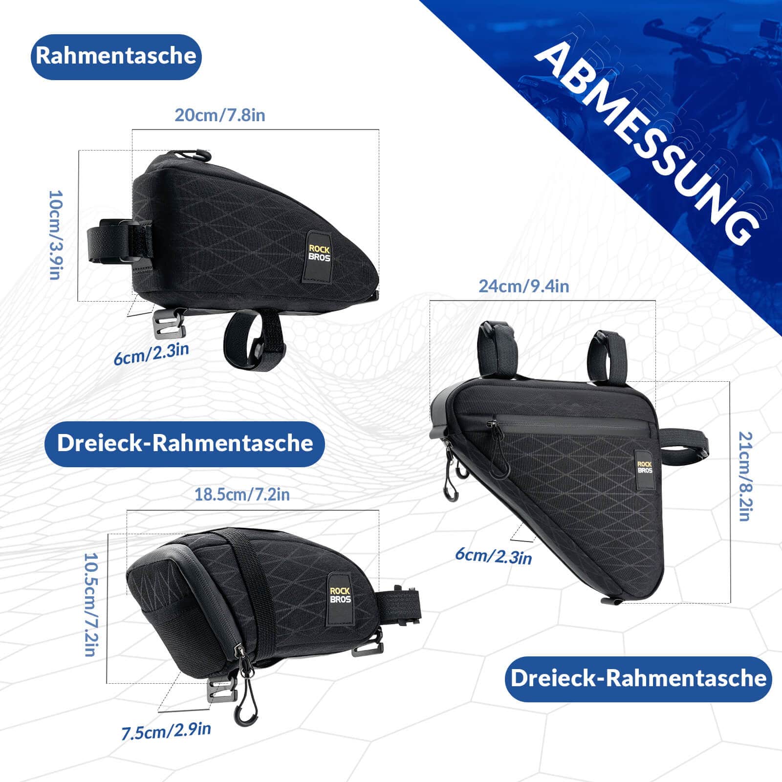 ROCKBROS Fahrradtasche Set Rahmentasche*2+Satteltasche*1 mit Verstellbarer Schultergurt 1,2L