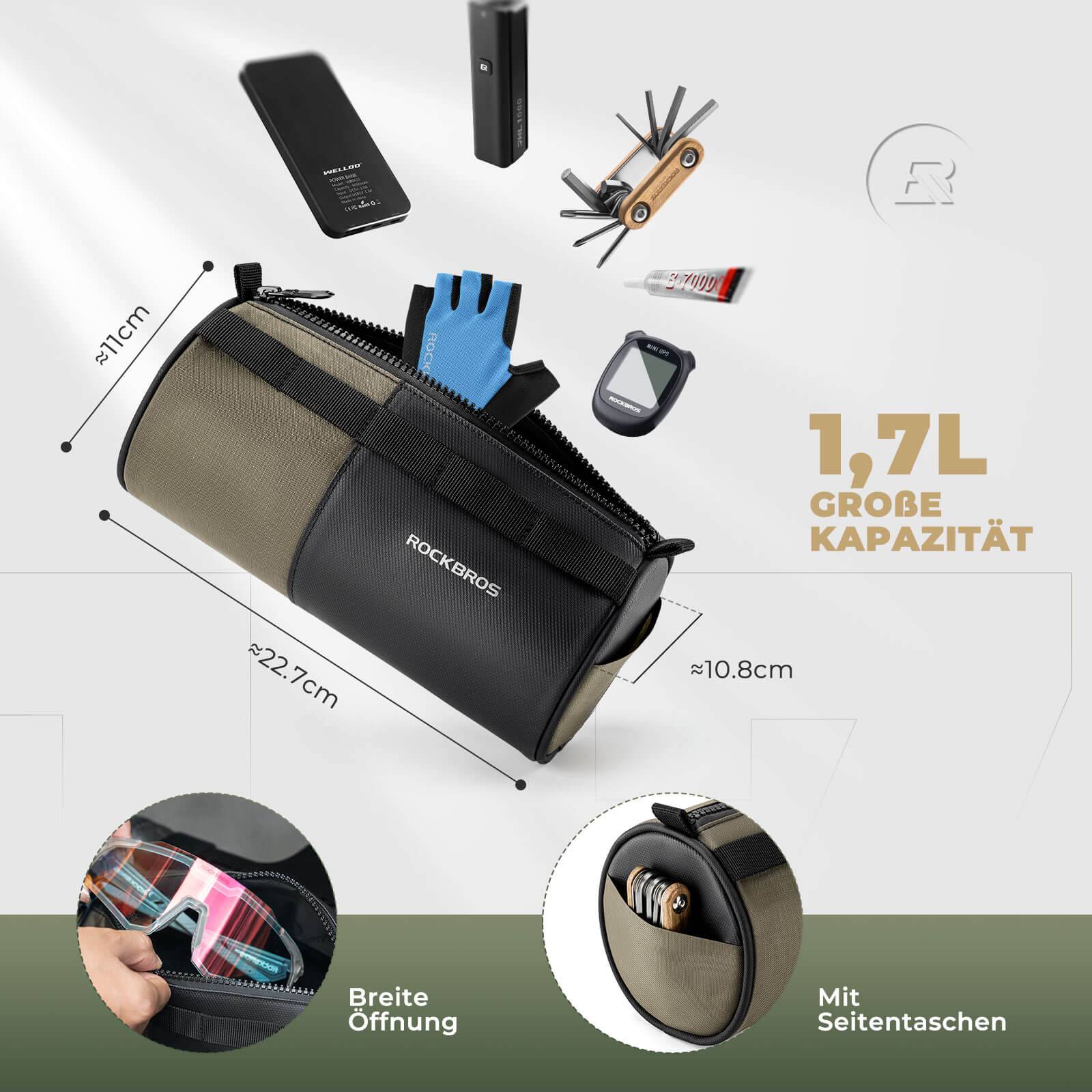 ROCKBROS Fahrradtasche Zylindrische Lenkertasche 1,7L mit Schultergurt