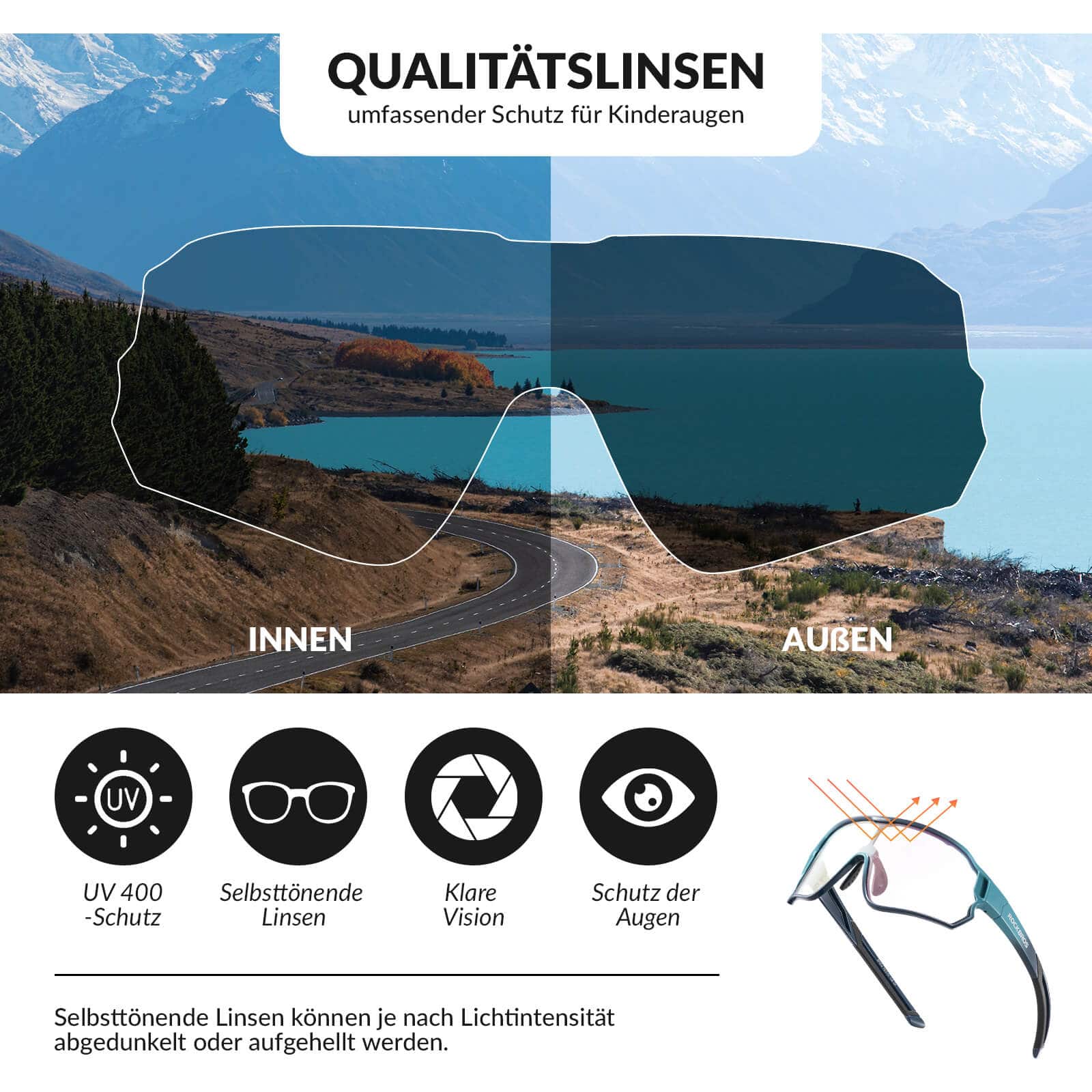 Selbsttönende Fahrradbrille für Kinder mit UV400-Schutz