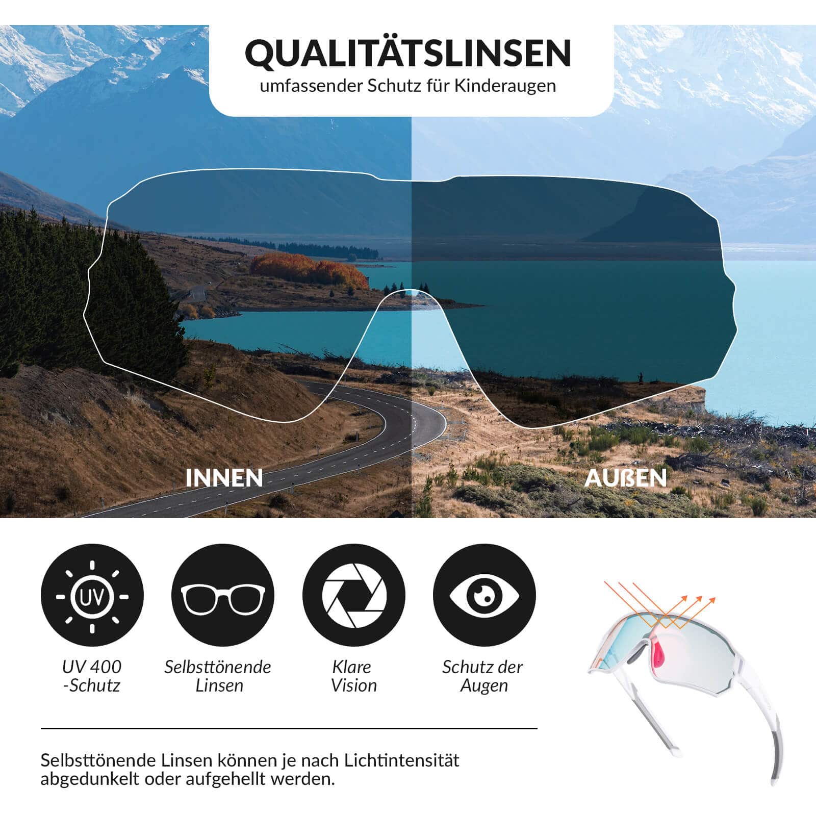 Selbsttönende Fahrradbrille für Kinder mit UV400-Schutz