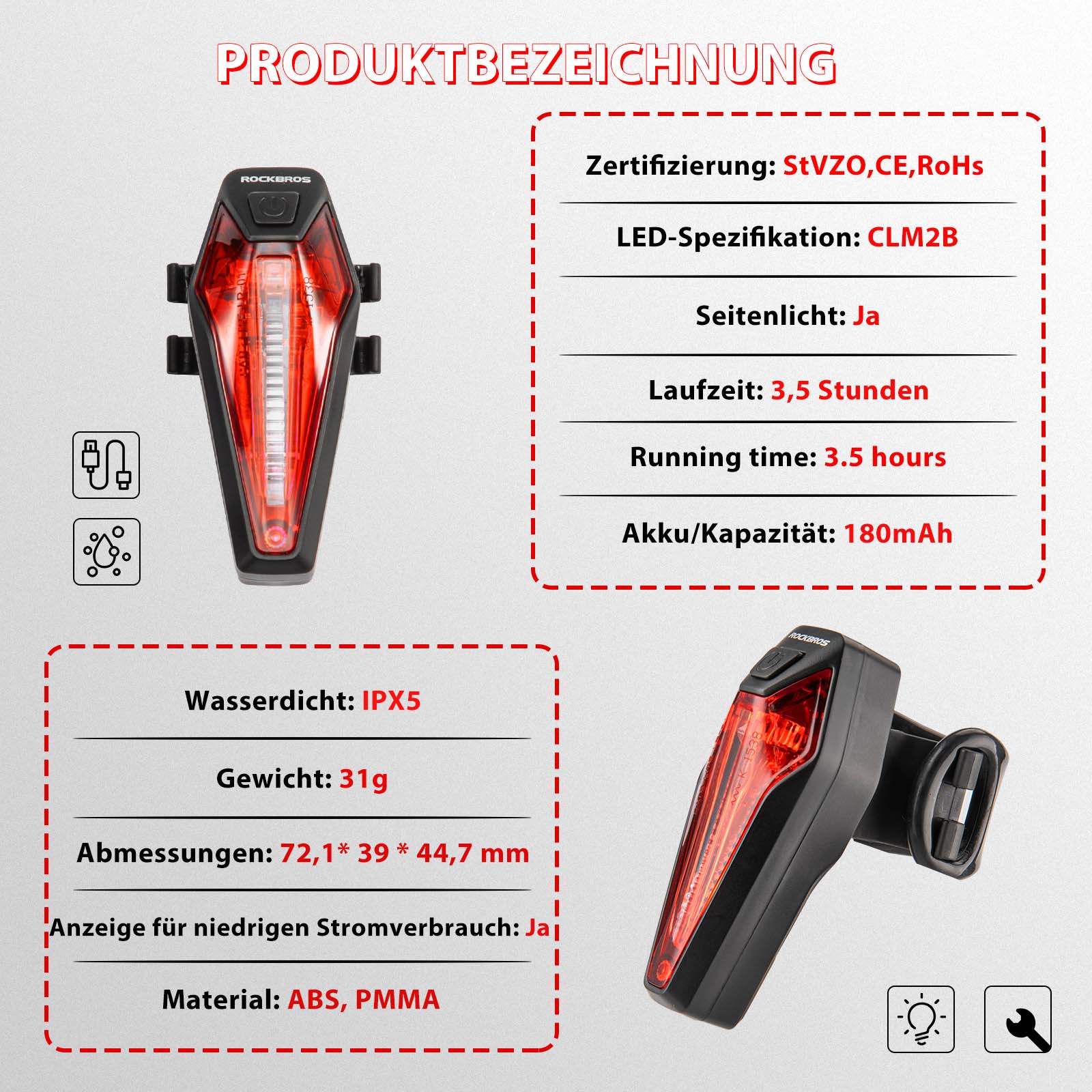 ROCKBROS LED hinten Fahrradlicht Aufladbarer IPX5 Wasserdicht