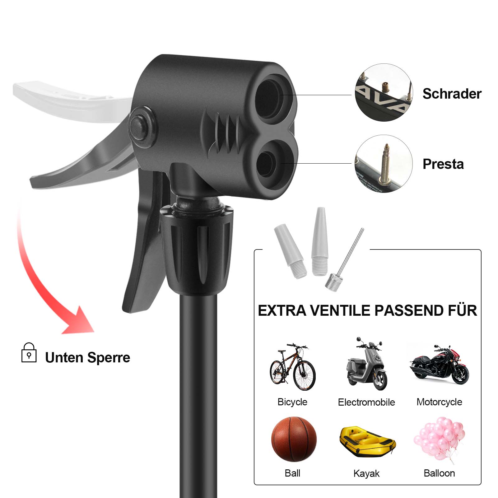 ROCKBROS Mini Tragbare Luftpumpe Fußpumpen für alle Ventile SV/AV