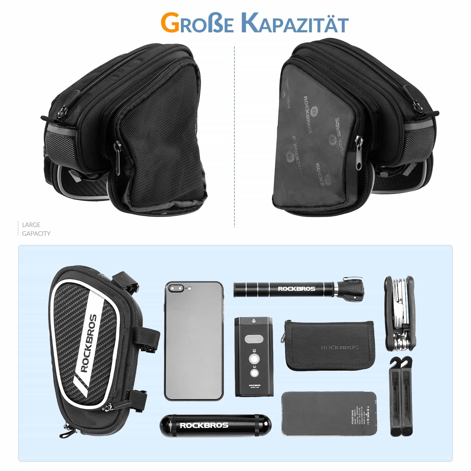 ROCKBROS Oberrohrtasche mit reflektierende & 2 Seitentaschen 1.8L