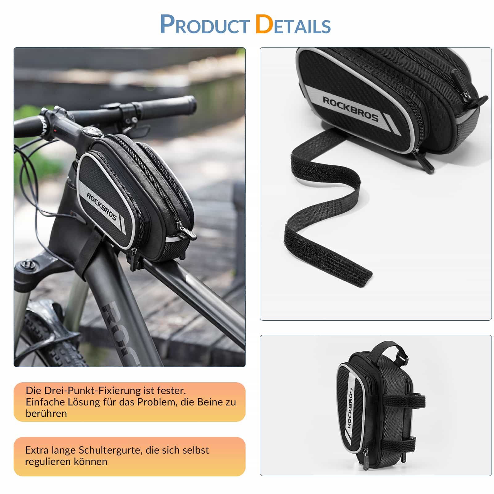 ROCKBROS Oberrohrtasche mit reflektierende & 2 Seitentaschen 1.8L