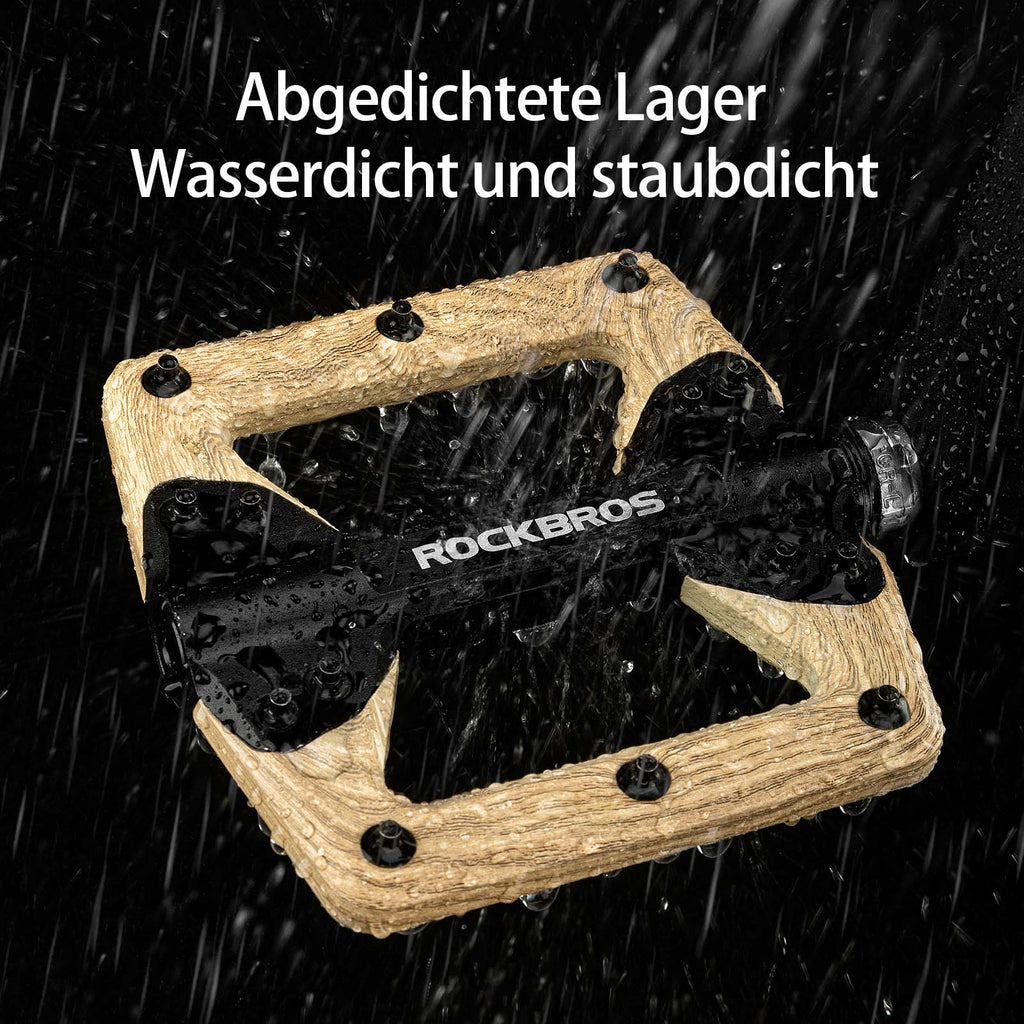 ROCKBROS Pedale CNC Alu Flat Pedale mit 3 abgedichtete Lager Holzfarbe