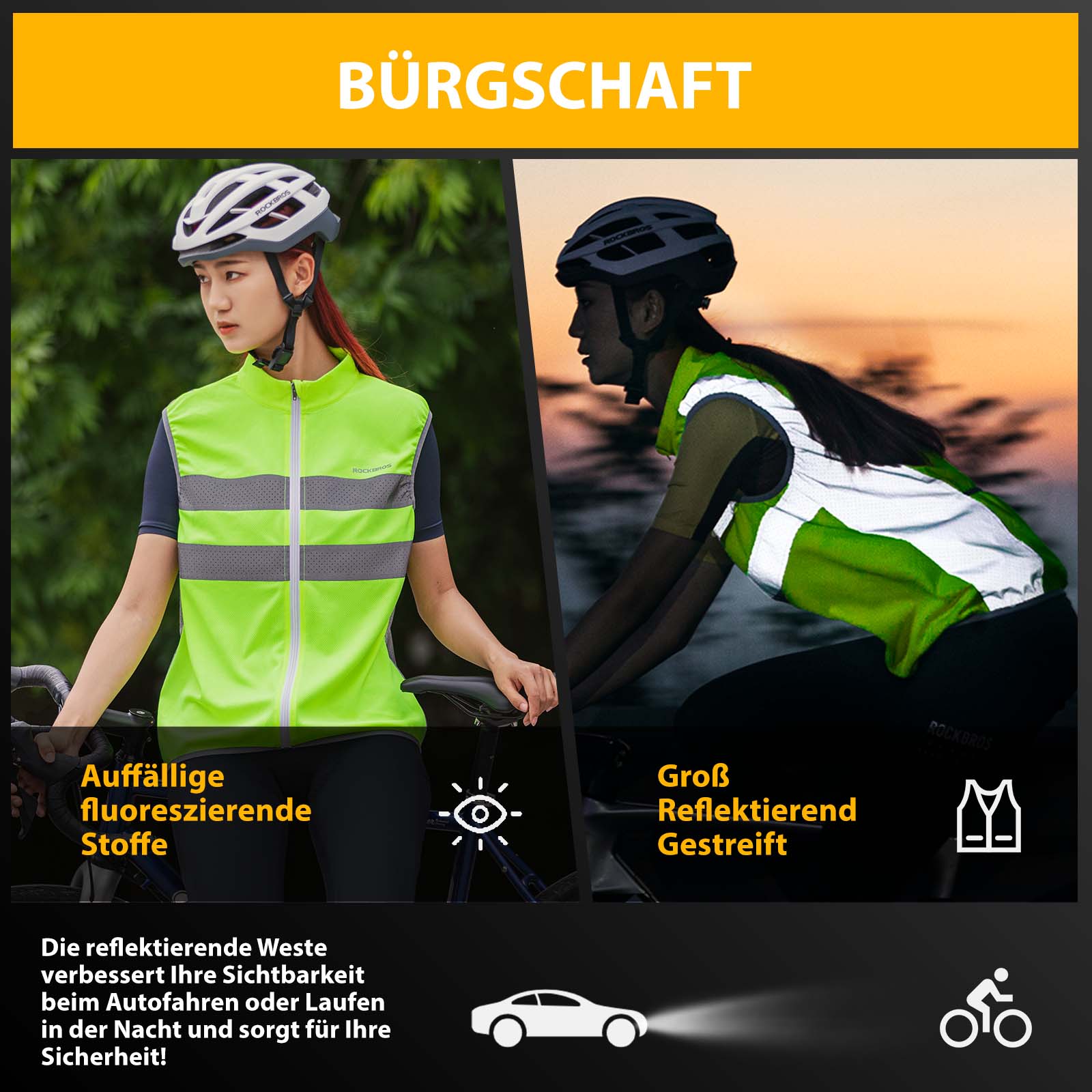 ROCKBROS Reflektierende Weste Reiten Sicherheitsweste Fluoreszierend Grün