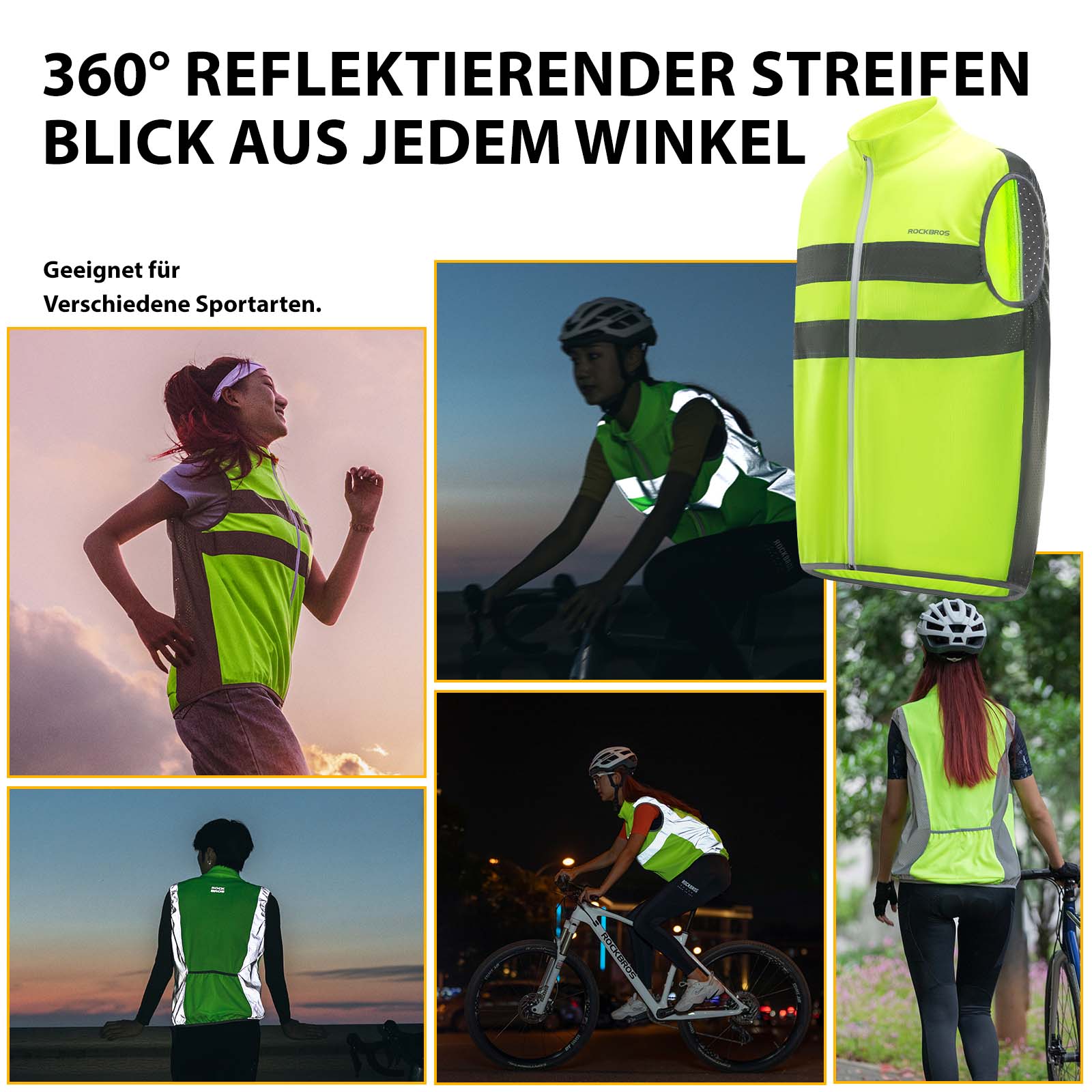 ROCKBROS Reflektierende Weste Reiten Sicherheitsweste Fluoreszierend Grün