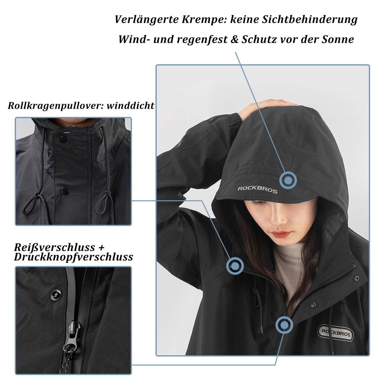 ROCKBROS Regenmantel Wasserdichter Regenponcho Verlängerte Regenjacke