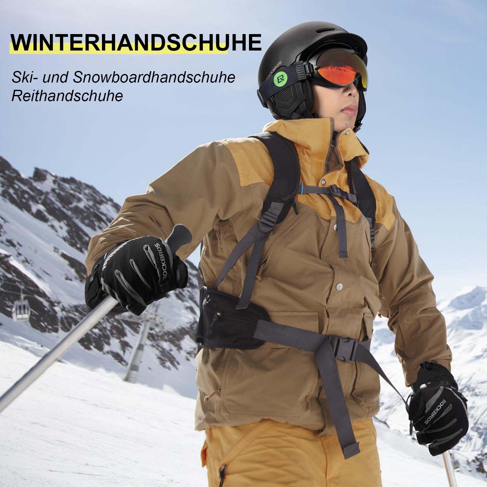 ROCKBROS Skihandschuhe 2 in 1 Winddicht Warme Handschuhe Schwarz M-2XL