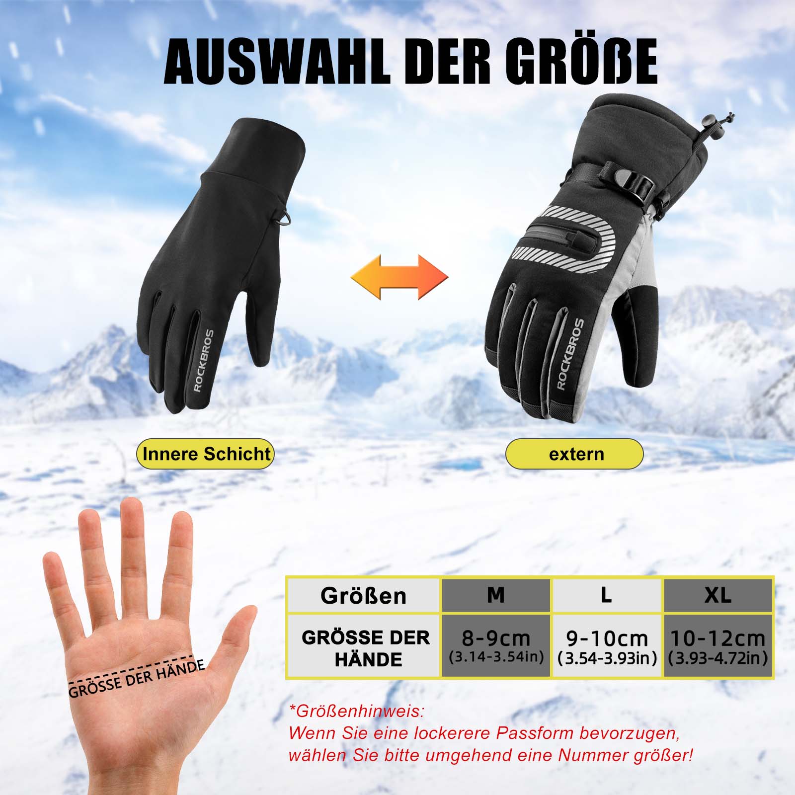 ROCKBROS Skihandschuhe 2 in 1 Winddicht Warme Handschuhe Schwarz M-2XL