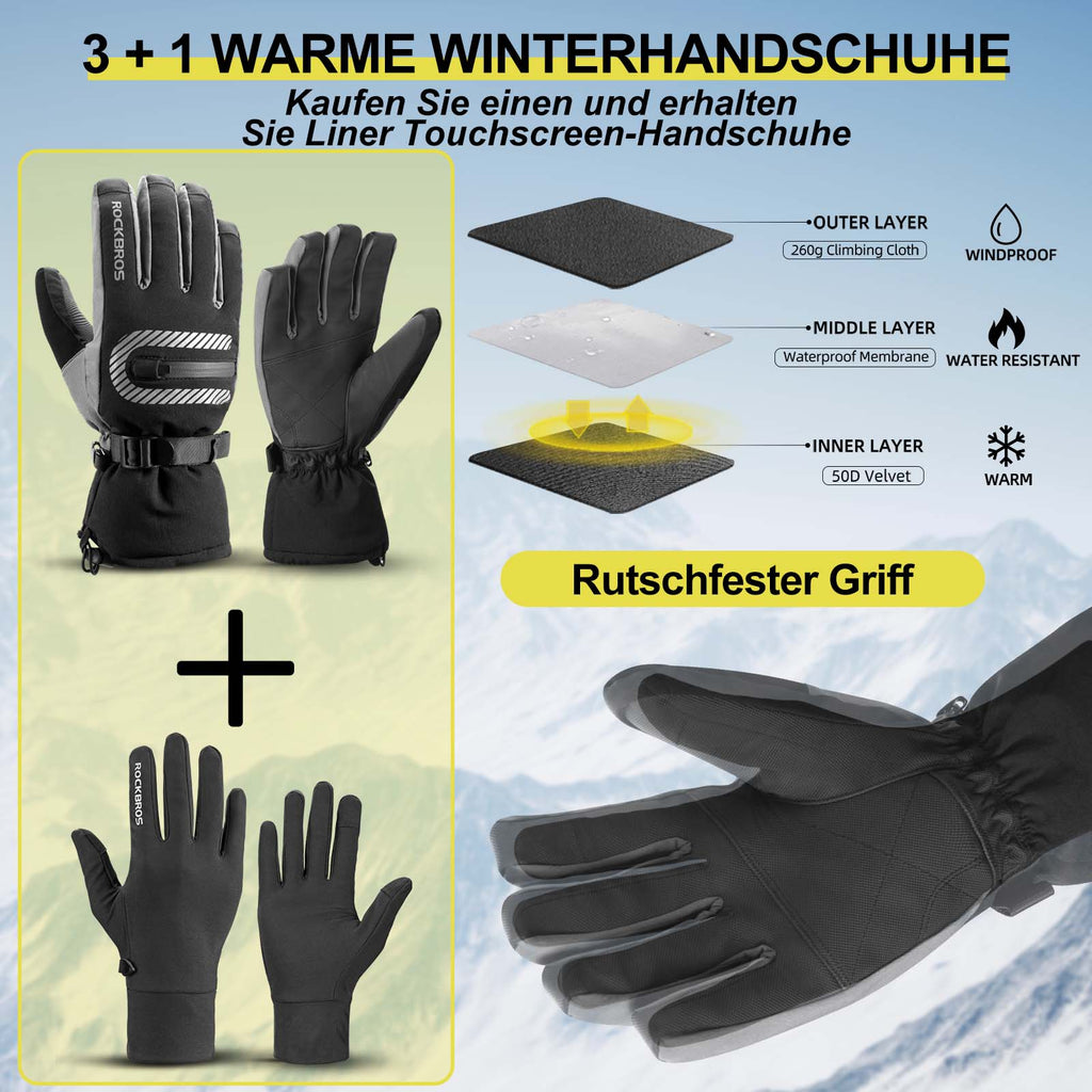 ROCKBROS Skihandschuhe 2 in 1 Winddicht Warme Handschuhe Schwarz M-2XL