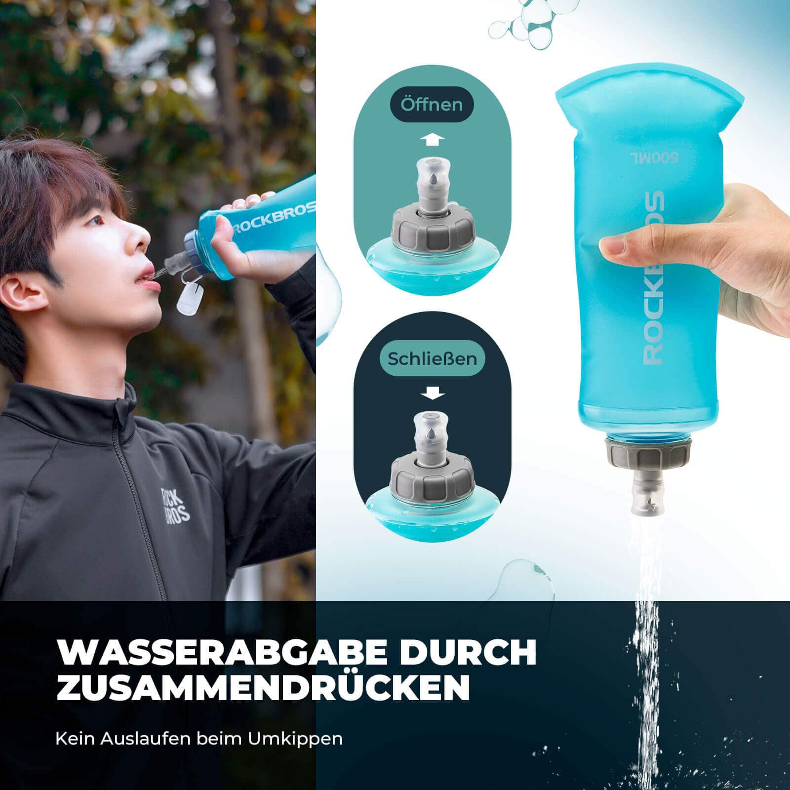 ROCKBROS Trinkflasche Faltbare Wasserflasche 500ml für Laufen Wandern Radfahren