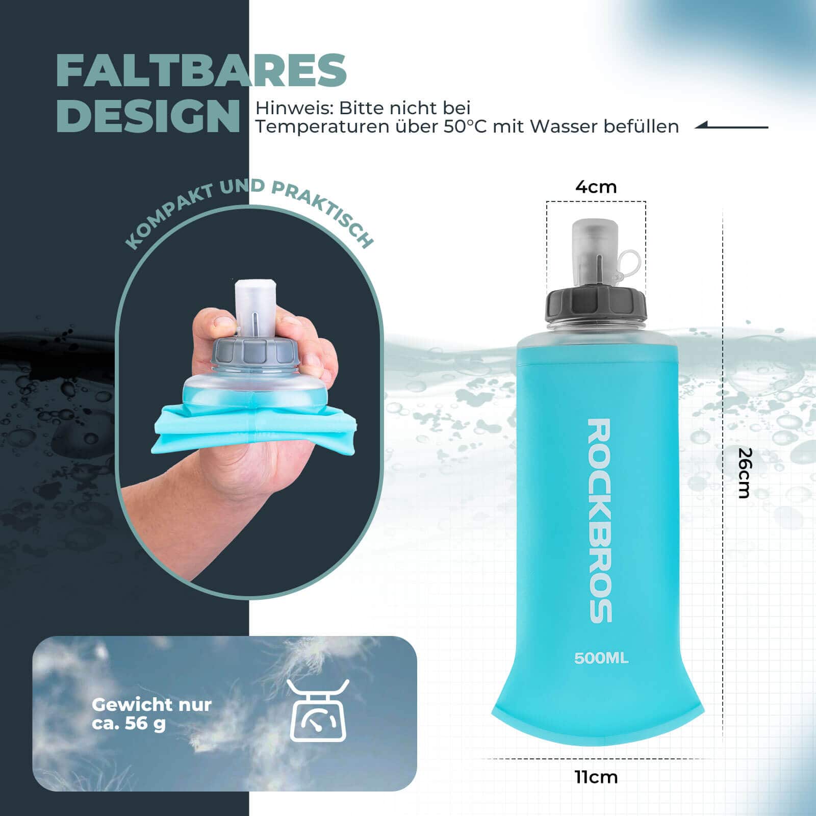 ROCKBROS Trinkflasche Faltbare Wasserflasche 500ml für Laufen Wandern Radfahren