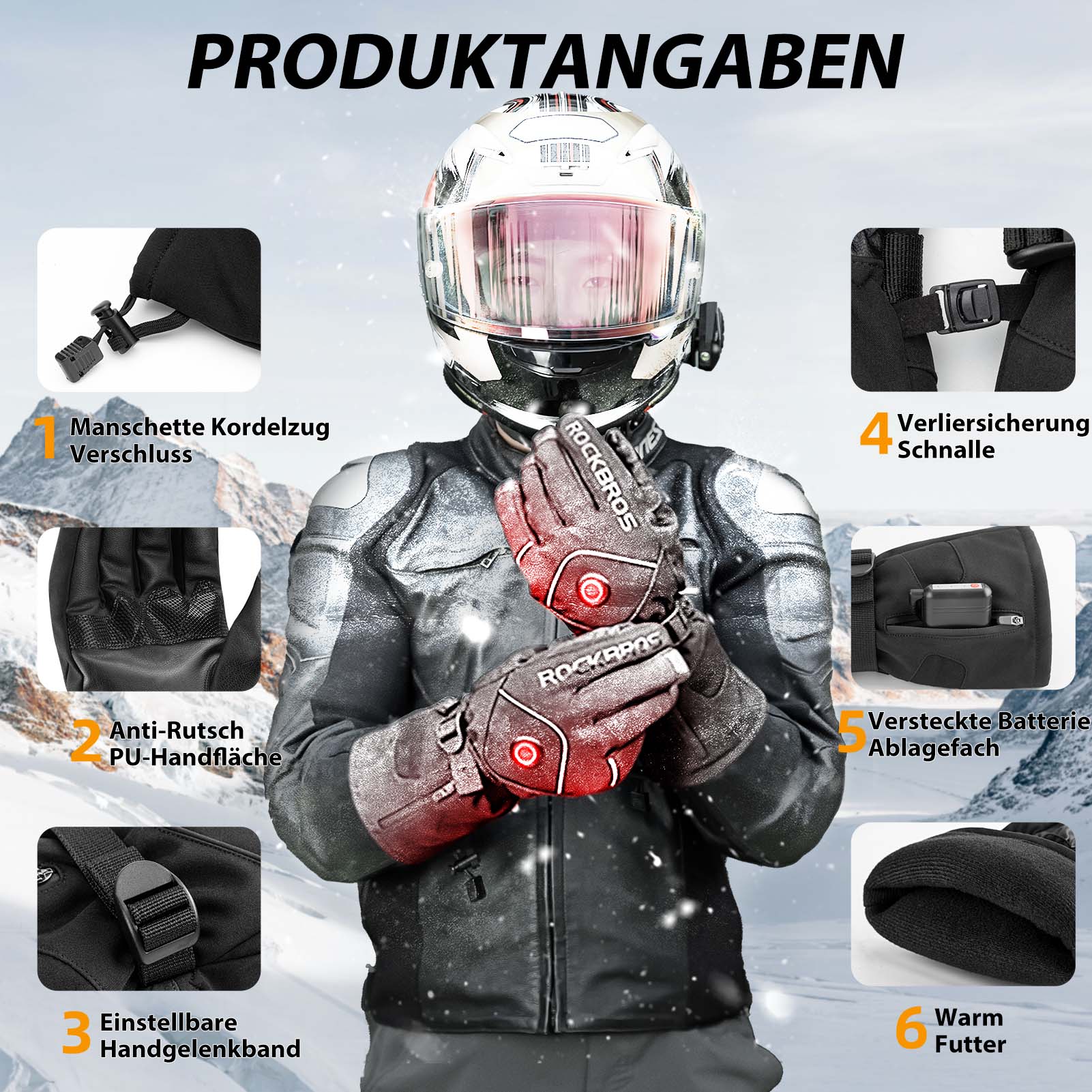 ROCKBROS Winter Skihandschuhe Wiederaufladbare Beheizte Handschuhe Schwarz