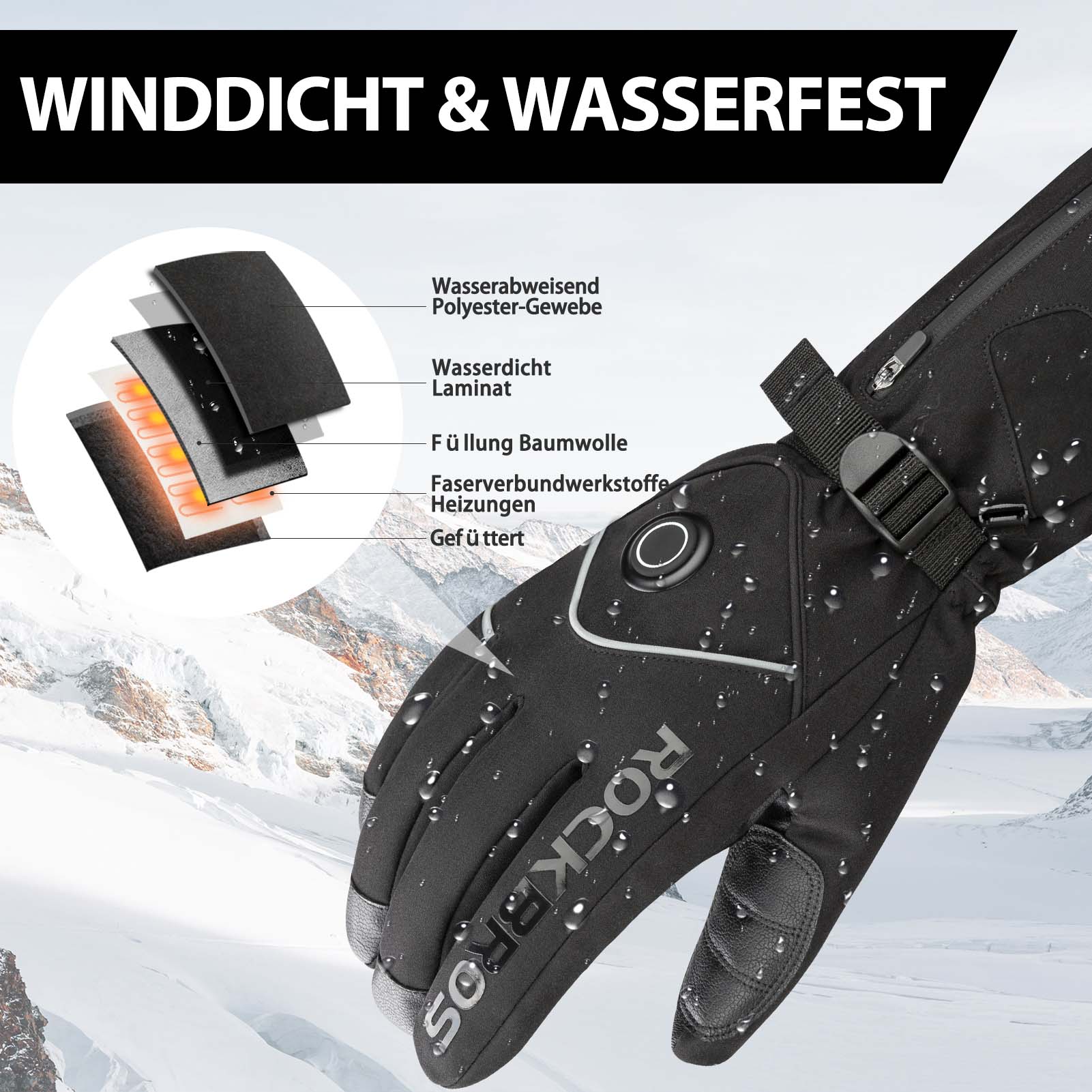 ROCKBROS Winter Skihandschuhe Wiederaufladbare Beheizte Handschuhe Schwarz
